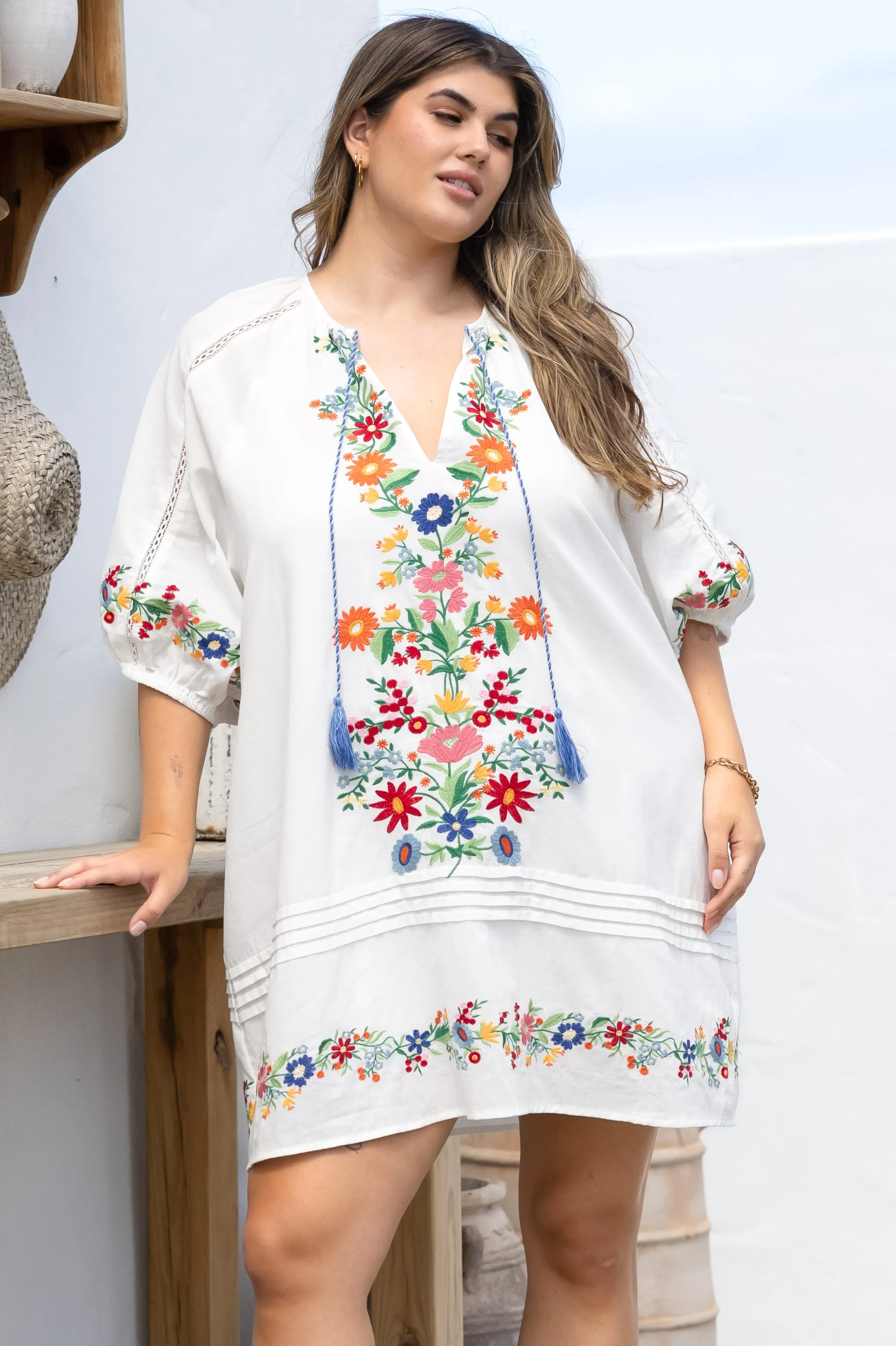 Margerie Mini Dress - Floral Embroidered Shift Dress with Balloon Sleeves in White sold by Salty Crush product image thumbnail 2