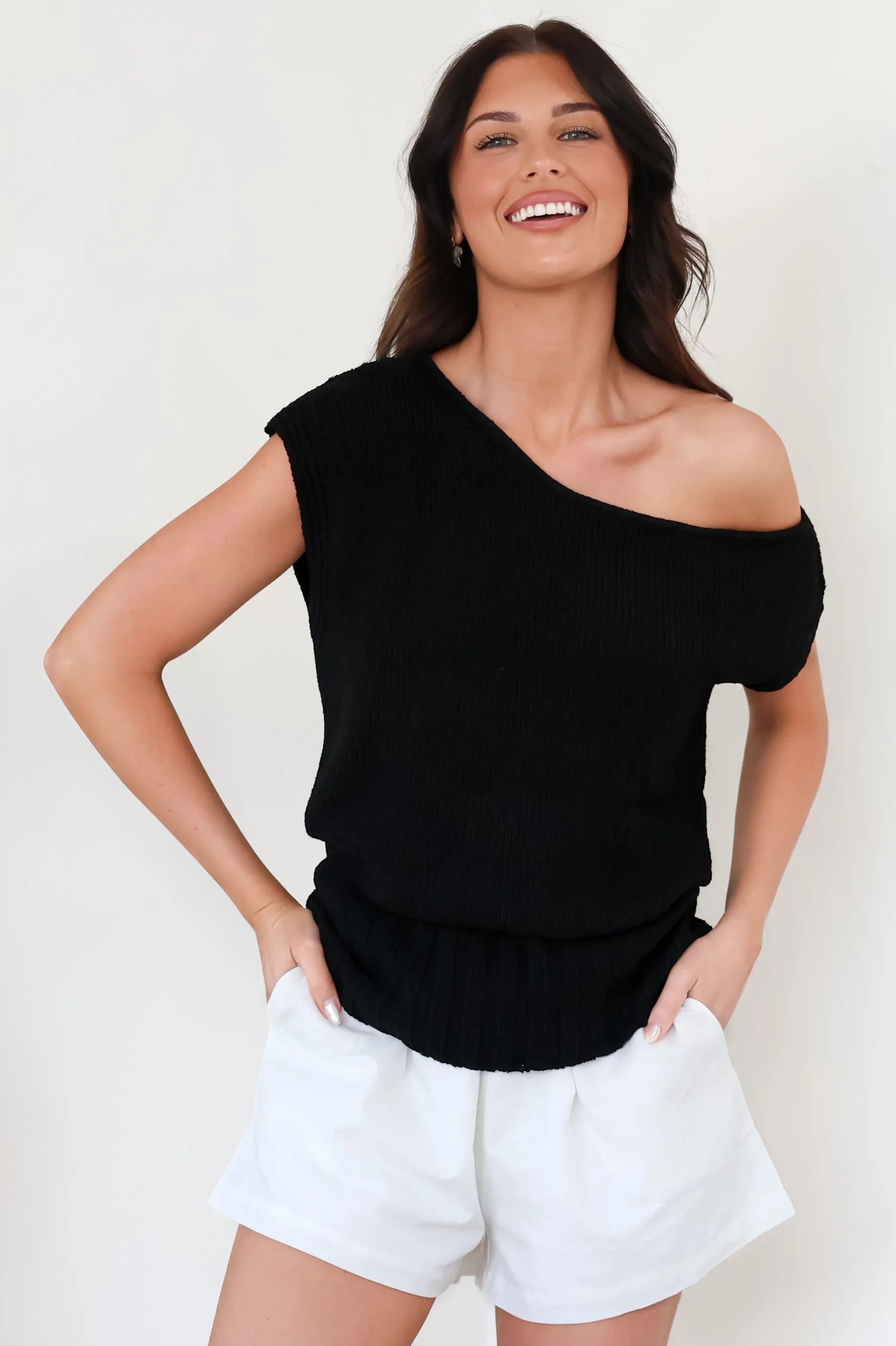 Mariah Knit Top - Sleeveless Asymmetric Neckline Top with Ribbed Hem in Black sold by Salty Crush product image thumbnail 5