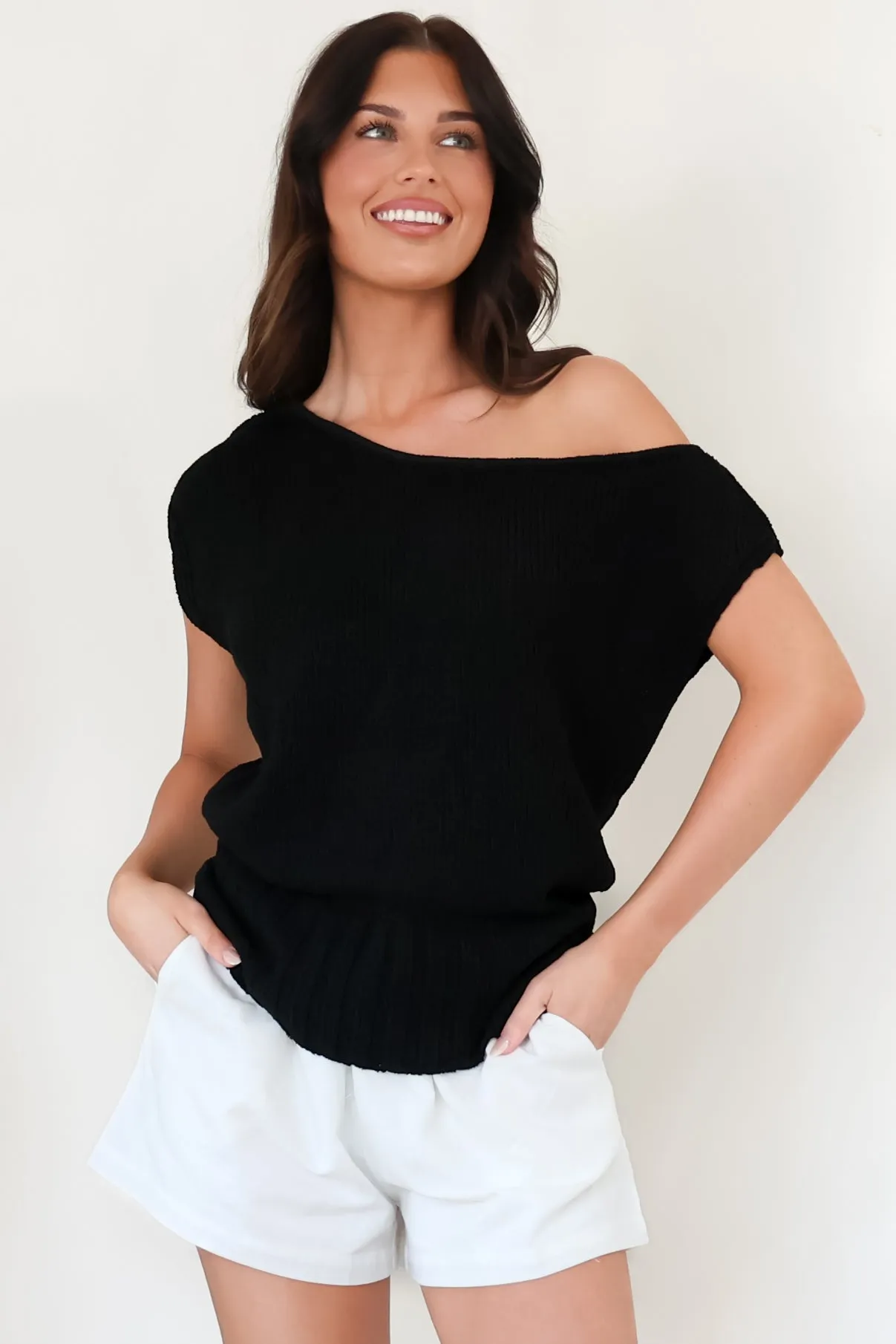 Mariah Knit Top - Sleeveless Asymmetric Neckline Top with Ribbed Hem in Black sold by Salty Crush product image thumbnail 3