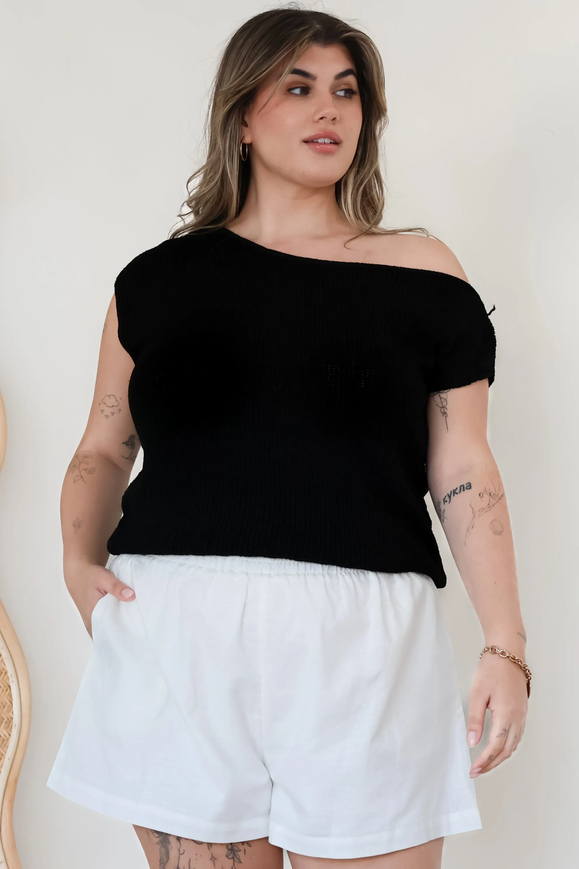 Mariah Knit Top - Sleeveless Asymmetric Neckline Top with Ribbed Hem in Black sold by Salty Crush product image thumbnail 2