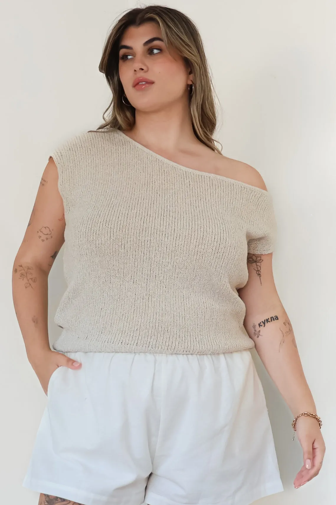 Mariah Knit Top - Sleeveless Asymmetric Neckline Top with Ribbed Hem in Oat sold by Salty Crush product image thumbnail 2