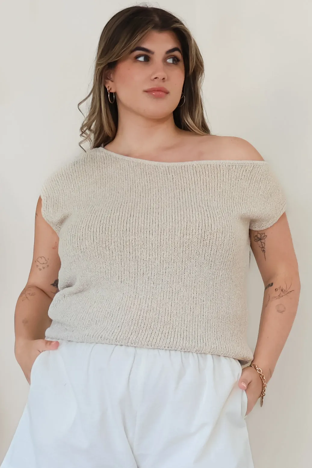 Mariah Knit Top - Sleeveless Asymmetric Neckline Top with Ribbed Hem in Oat sold by Salty Crush product image thumbnail 4