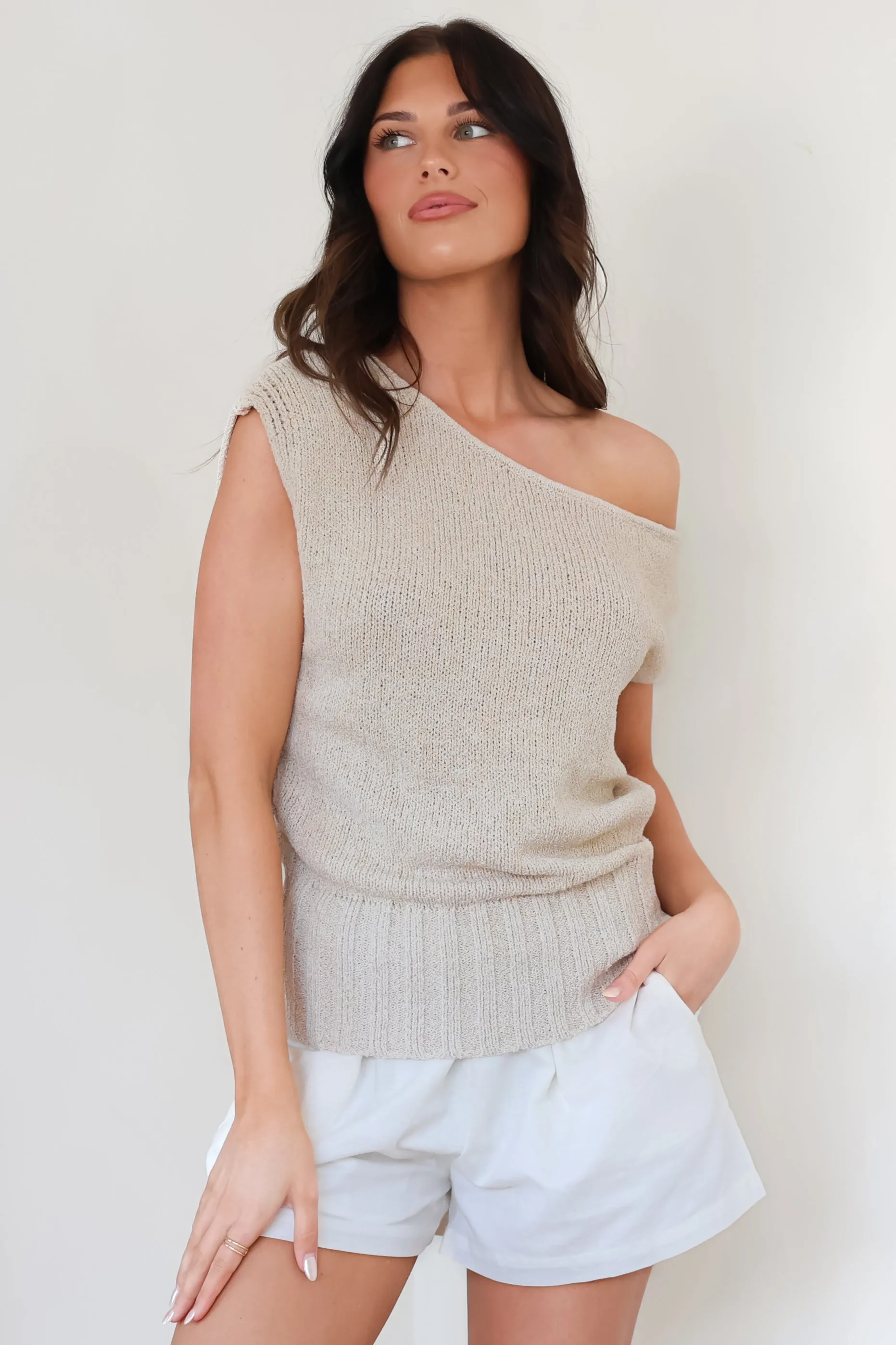 Mariah Knit Top - Sleeveless Asymmetric Neckline Top with Ribbed Hem in Oat sold by Salty Crush product image thumbnail 5