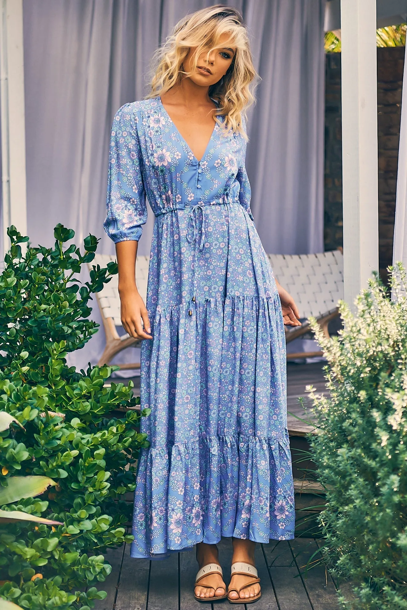 JAASE - Tessa Maxi Dress: A Line Pull Tie Waist Dress in Butterfly Fields Print sold by Salty Crush product image thumbnail 2