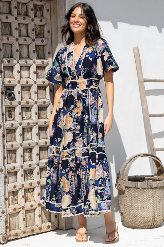 Nolette Maxi Dress - Lace Trim Button Down Dress with Flutter Sleeves in Ana Print Navy sold by Salty Crush