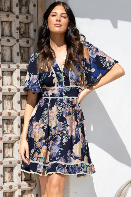 Corina Mini Dress - Lace Trim Button Down Dress with Flutter Sleeves in Ana Print Navy sold by Salty Crush