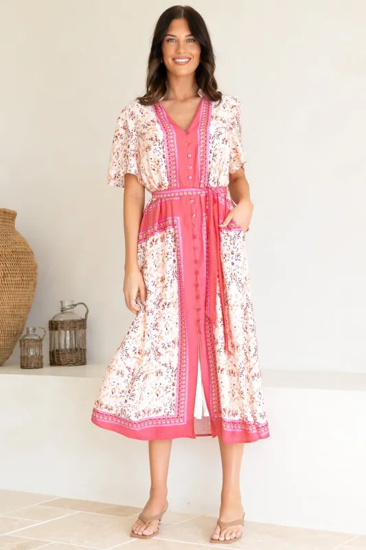 Marissa Midi Dress - Mandarin Collar Button Down Short Sleeve Dress in Thabita Print Pink sold by Salty Crush