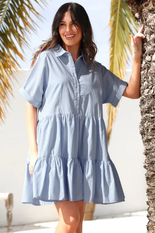 Estelle Mini Dress - Collared Tiered Smock Dress in Light Blue sold by Salty Crush