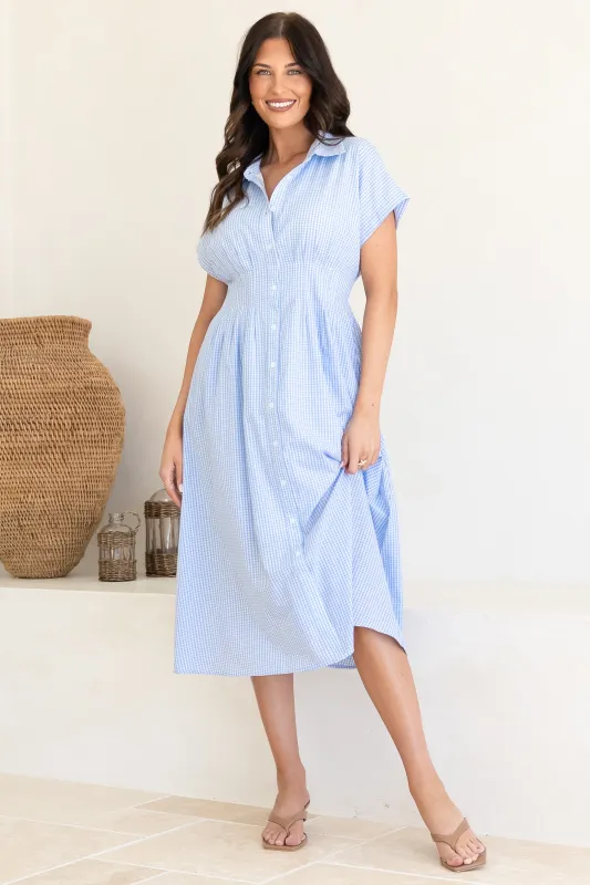 Lilla Mini Dress - Collared Buttoned Down A-Line Dress in Gingham Blue sold by Salty Crush