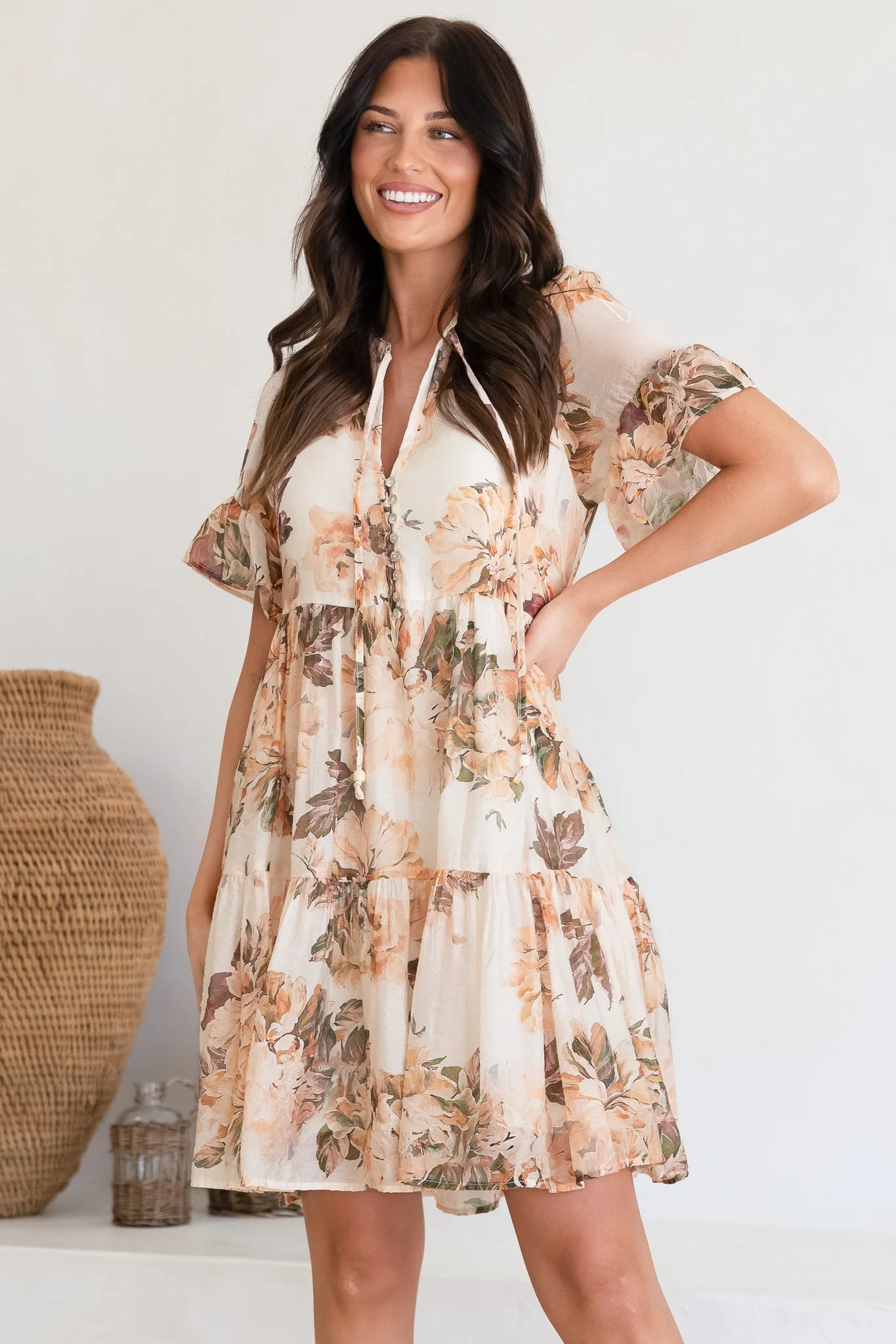 Abilia Mini Dress - Mandarin Collar Smock Dress in Kirah Print Peach sold by Salty Crush product image thumbnail 3