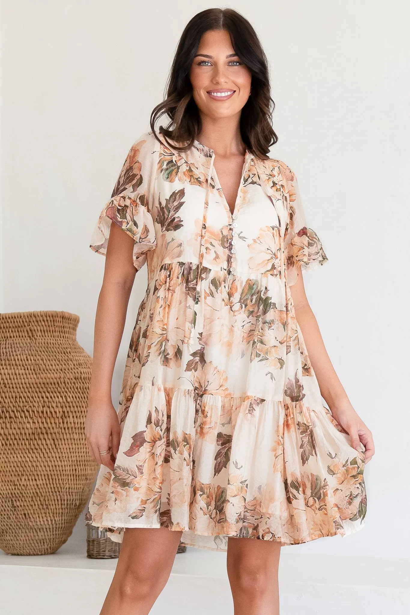 Abilia Mini Dress - Mandarin Collar Smock Dress in Kirah Print Peach sold by Salty Crush