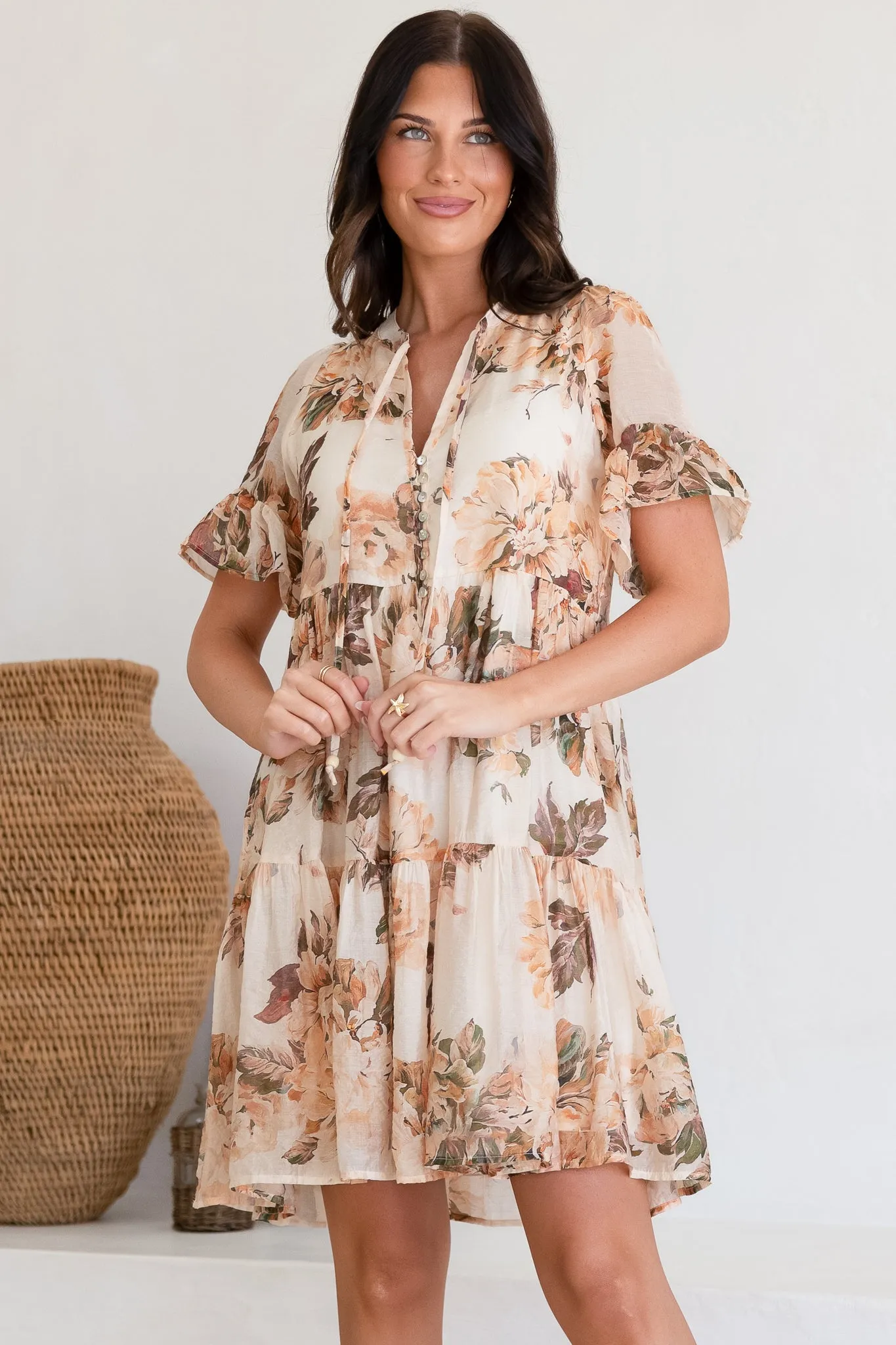 Abilia Mini Dress - Mandarin Collar Smock Dress in Kirah Print Peach sold by Salty Crush product image thumbnail 4