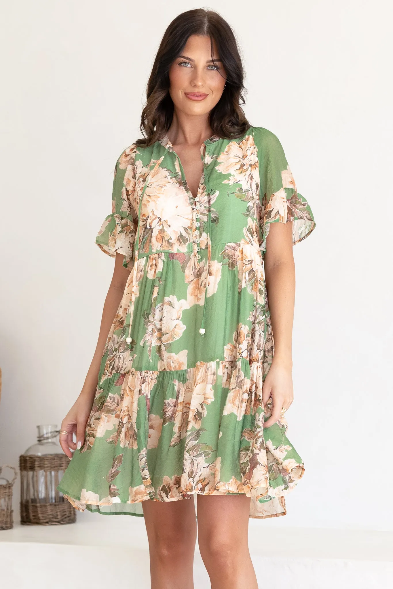 Abilia Mini Dress - Mandarin Collar Smock Dress in Kirah Print Green sold by Salty Crush product image thumbnail 5