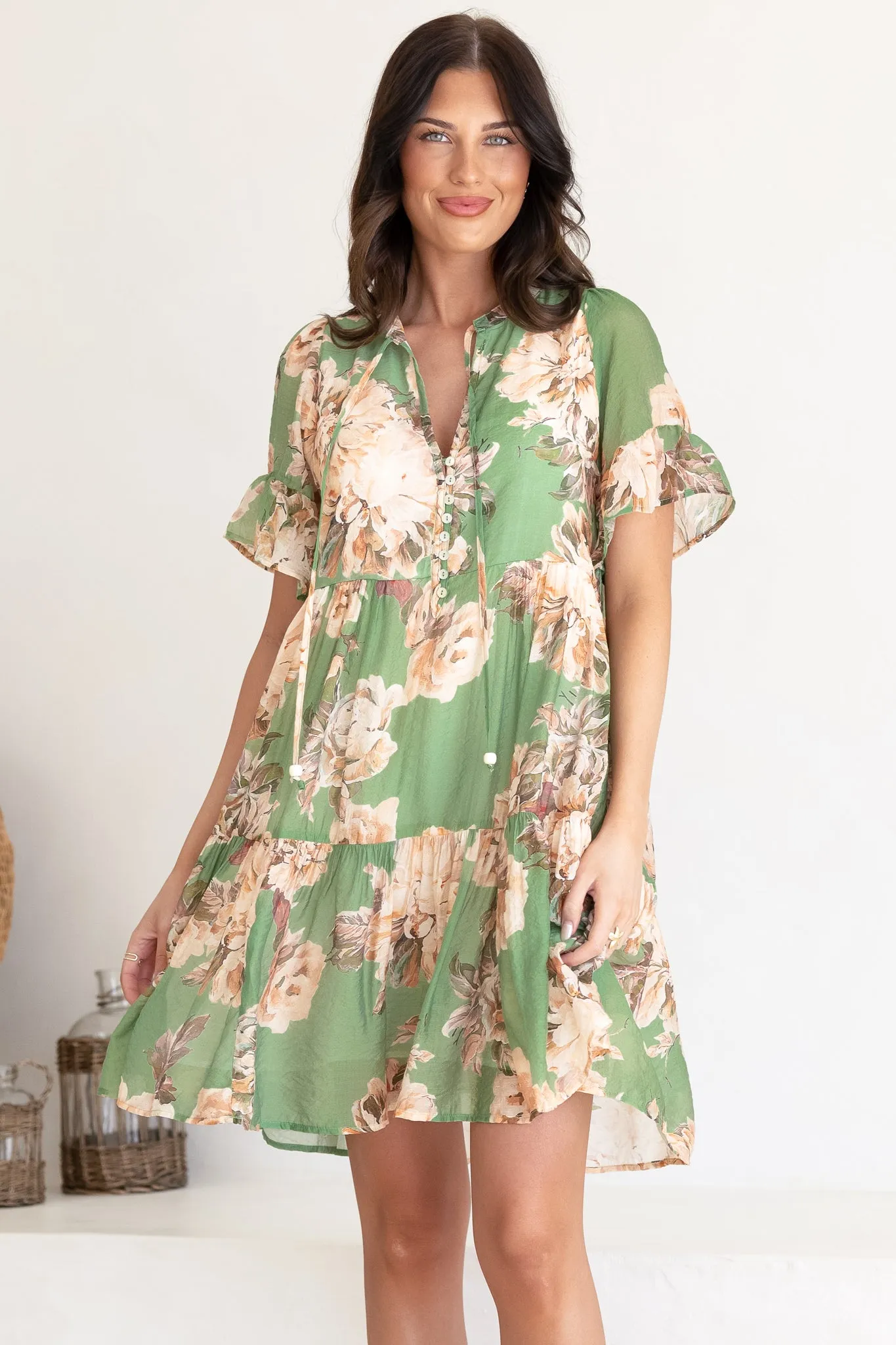 Abilia Mini Dress - Mandarin Collar Smock Dress in Kirah Print Green sold by Salty Crush product image thumbnail 3