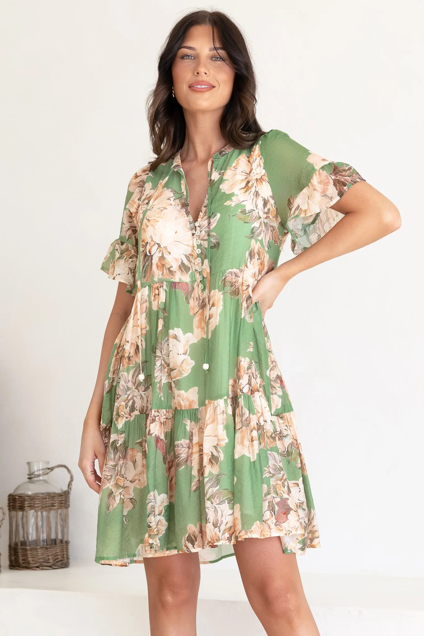Abilia Mini Dress - Mandarin Collar Smock Dress in Kirah Print Green sold by Salty Crush product image thumbnail 2