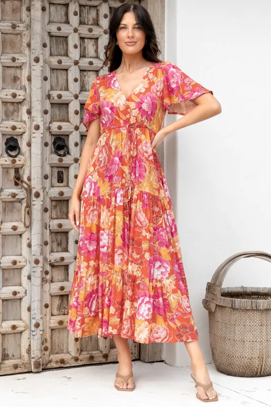Ziggy Maxi Dress - Cap Sleeve Tiered Dress with Pull Tie Waist in Mirella Print sold by Salty Crush