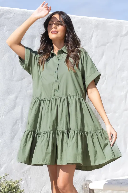 Estelle Mini Dress - Collared Tiered Smock Dress in Khaki sold by Salty Crush
