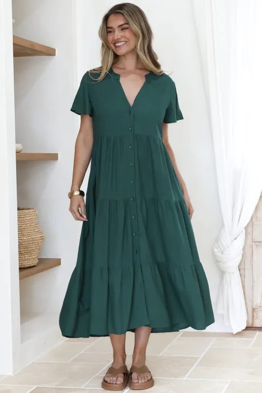 Milla Midi Dress - Tiered Cap Sleeve Button Down Linen Dress in Emerald sold by Salty Crush