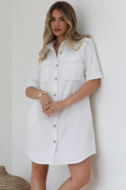Alyssa Mini Dress - Collared Button-Down Denim Shirt Dress in White sold by Salty Crush