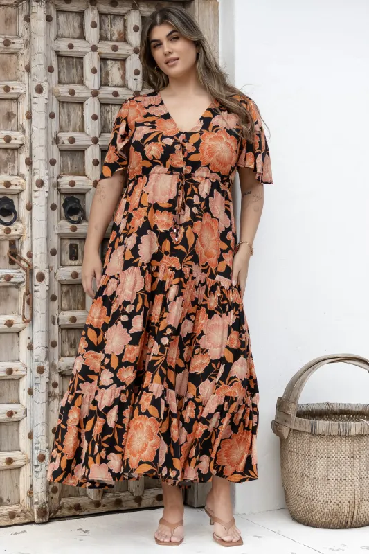 Ziggy Maxi Dress - Cap Sleeve Tiered Dress with Pull Tie Waist in Yasmin Print Black sold by Salty Crush