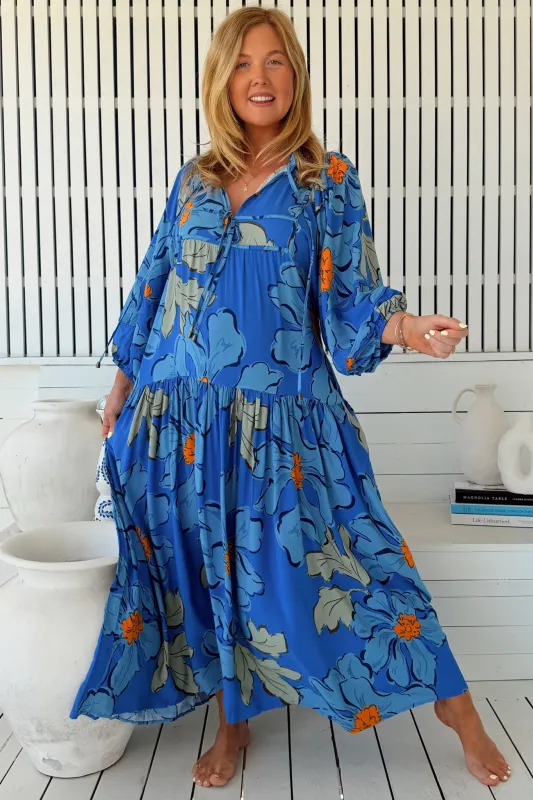 Loretta Maxi Dress - Yoke Bodice Tiered Dress with Lace Spliced Balloon Sleeves in Blue Bell Print sold by Salty Crush