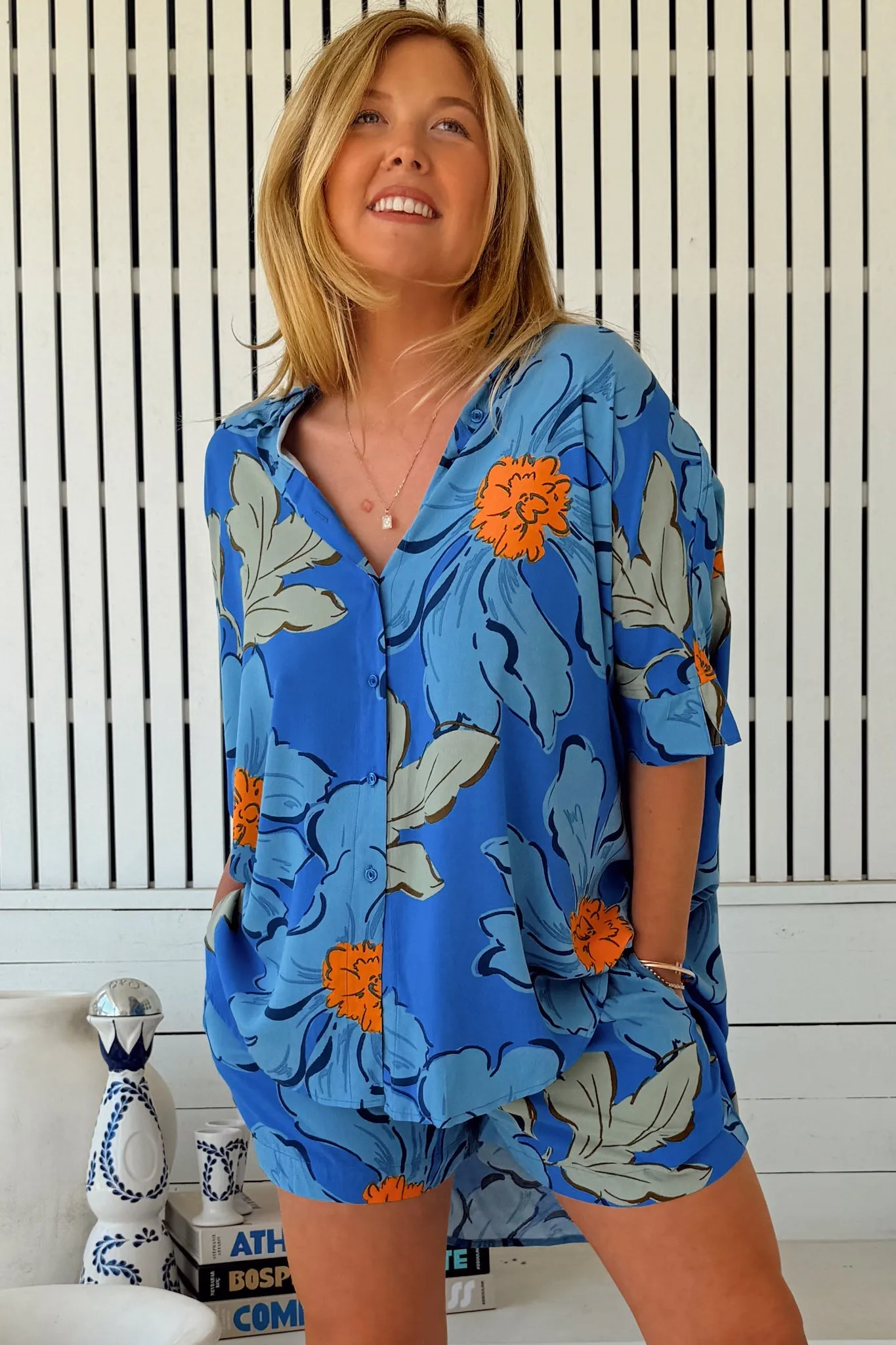 Flora Shorts - Elasticated Waist Button Decal Shorts with Pockets in Blue Bell Print sold by Salty Crush product image thumbnail 4