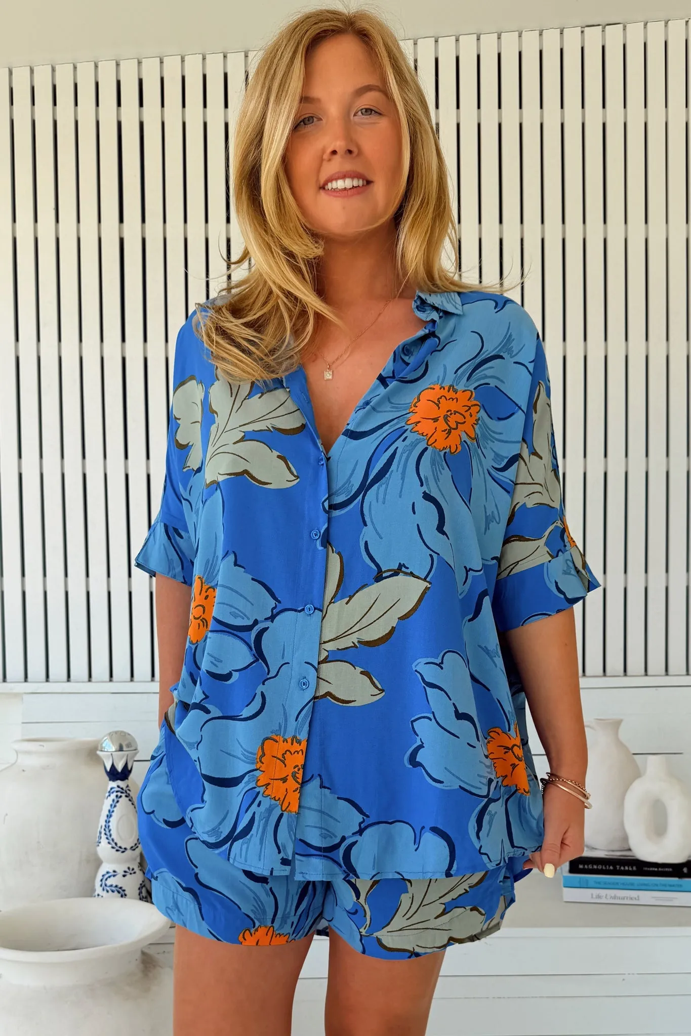 Flora Shorts - Elasticated Waist Button Decal Shorts with Pockets in Blue Bell Print sold by Salty Crush product image thumbnail 3