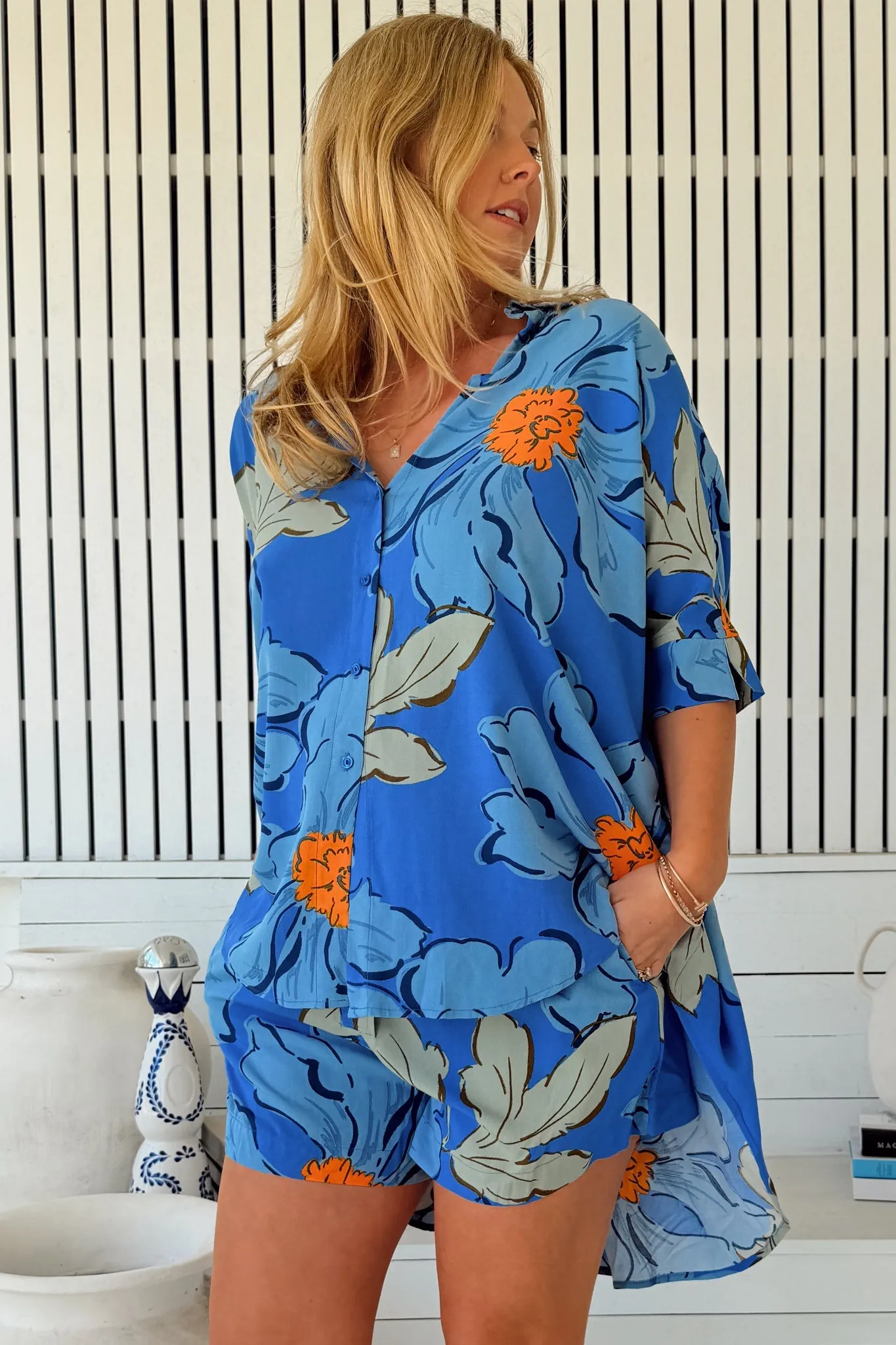 Flora Shorts - Elasticated Waist Button Decal Shorts with Pockets in Blue Bell Print sold by Salty Crush product image thumbnail 2