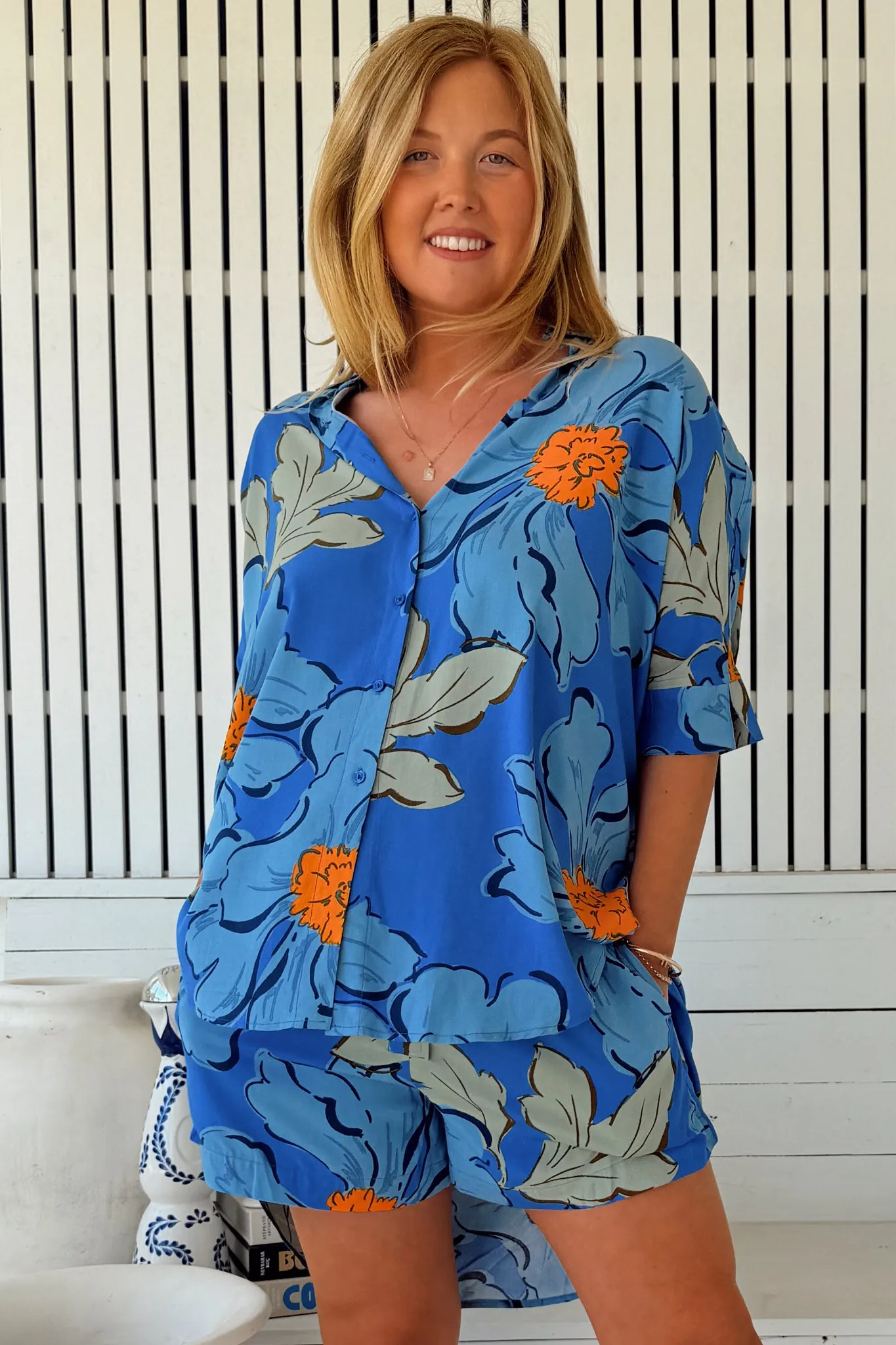 Flora Shorts - Elasticated Waist Button Decal Shorts with Pockets in Blue Bell Print sold by Salty Crush