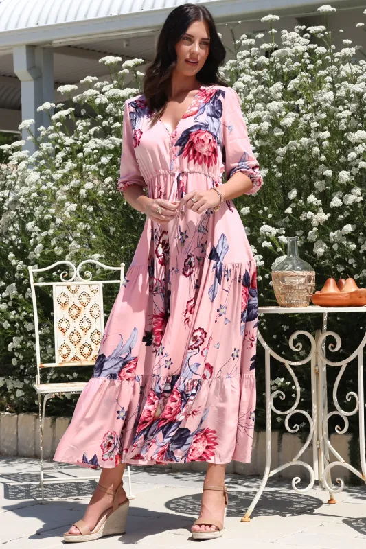Tessa Maxi Dress - A Line Pull Tie Waist Dress in Dahlia Print sold by Salty Crush
