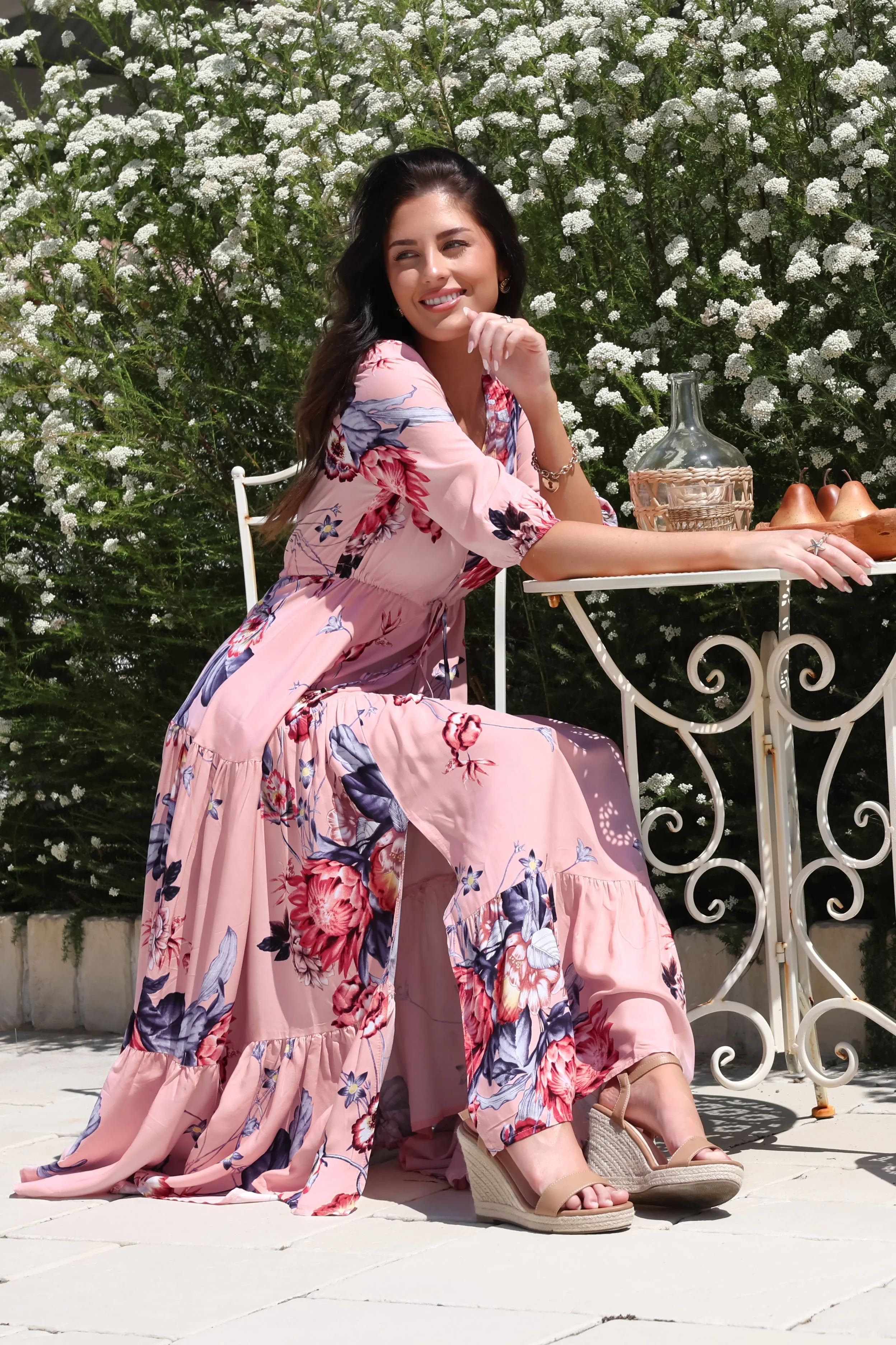 Tessa Maxi Dress - A Line Pull Tie Waist Dress in Dahlia Print sold by Salty Crush product image thumbnail 2