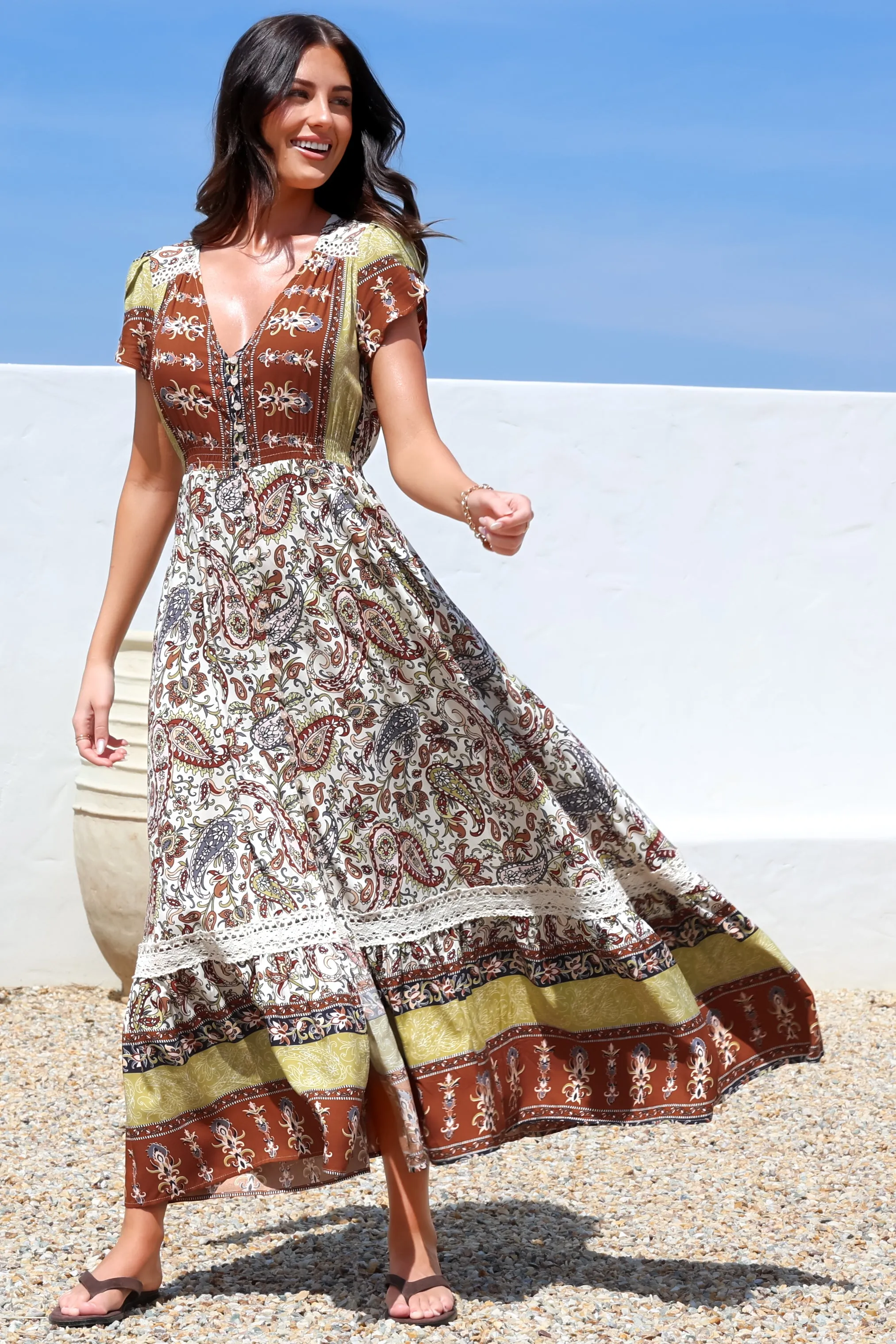 Carmen Maxi Dress - Butterfly Cap Sleeve Button Down A Line Dress with Lace Trim in Oakie Print sold by Salty Crush