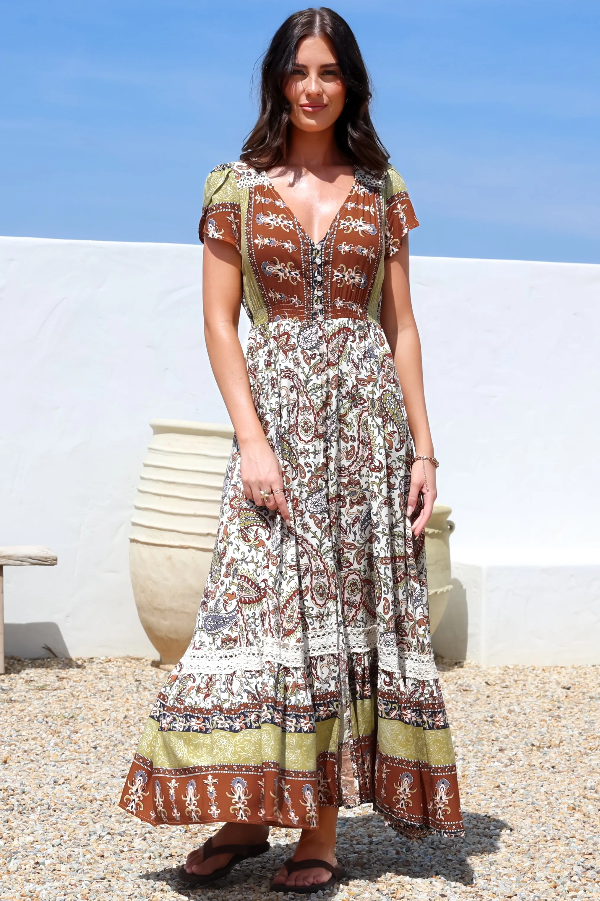 Carmen Maxi Dress - Butterfly Cap Sleeve Button Down A Line Dress with Lace Trim in Oakie Print sold by Salty Crush product image thumbnail 2
