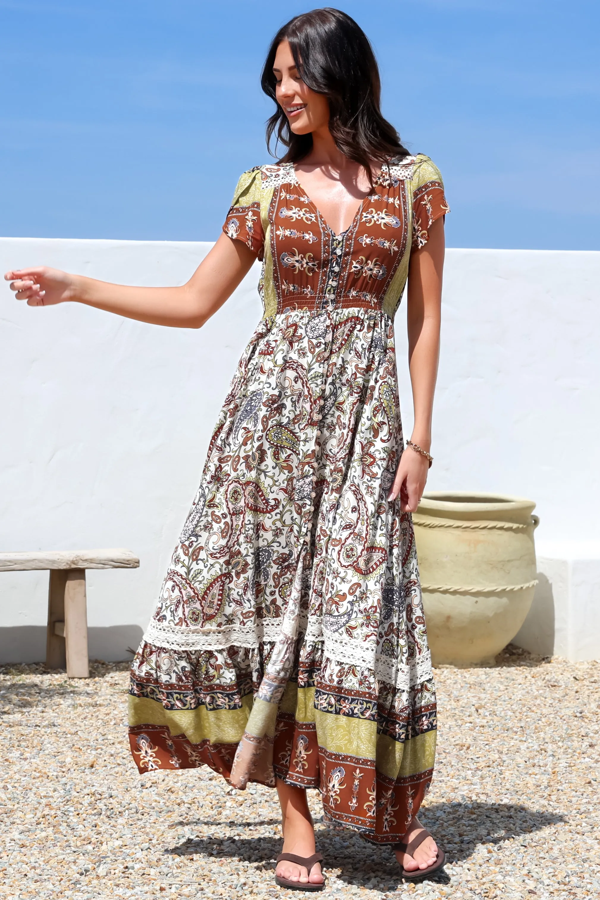 Carmen Maxi Dress - Butterfly Cap Sleeve Button Down A Line Dress with Lace Trim in Oakie Print sold by Salty Crush product image thumbnail 4