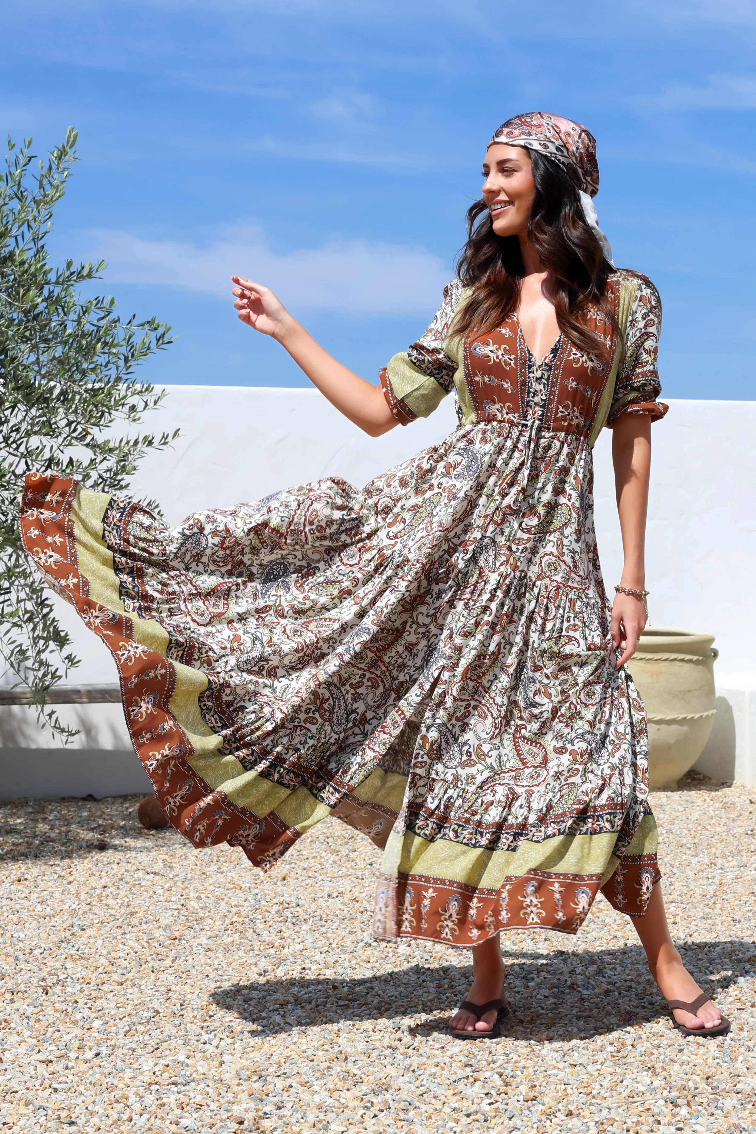 Tessa Maxi Dress - A Line Pull Tie Waist Dress in Oakie Print sold by Salty Crush product image thumbnail 4