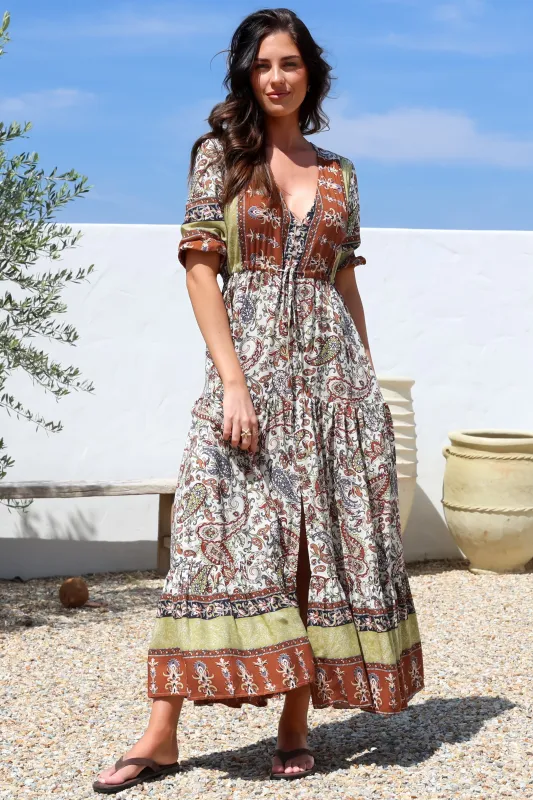 Tessa Maxi Dress - A Line Pull Tie Waist Dress in Oakie Print sold by Salty Crush