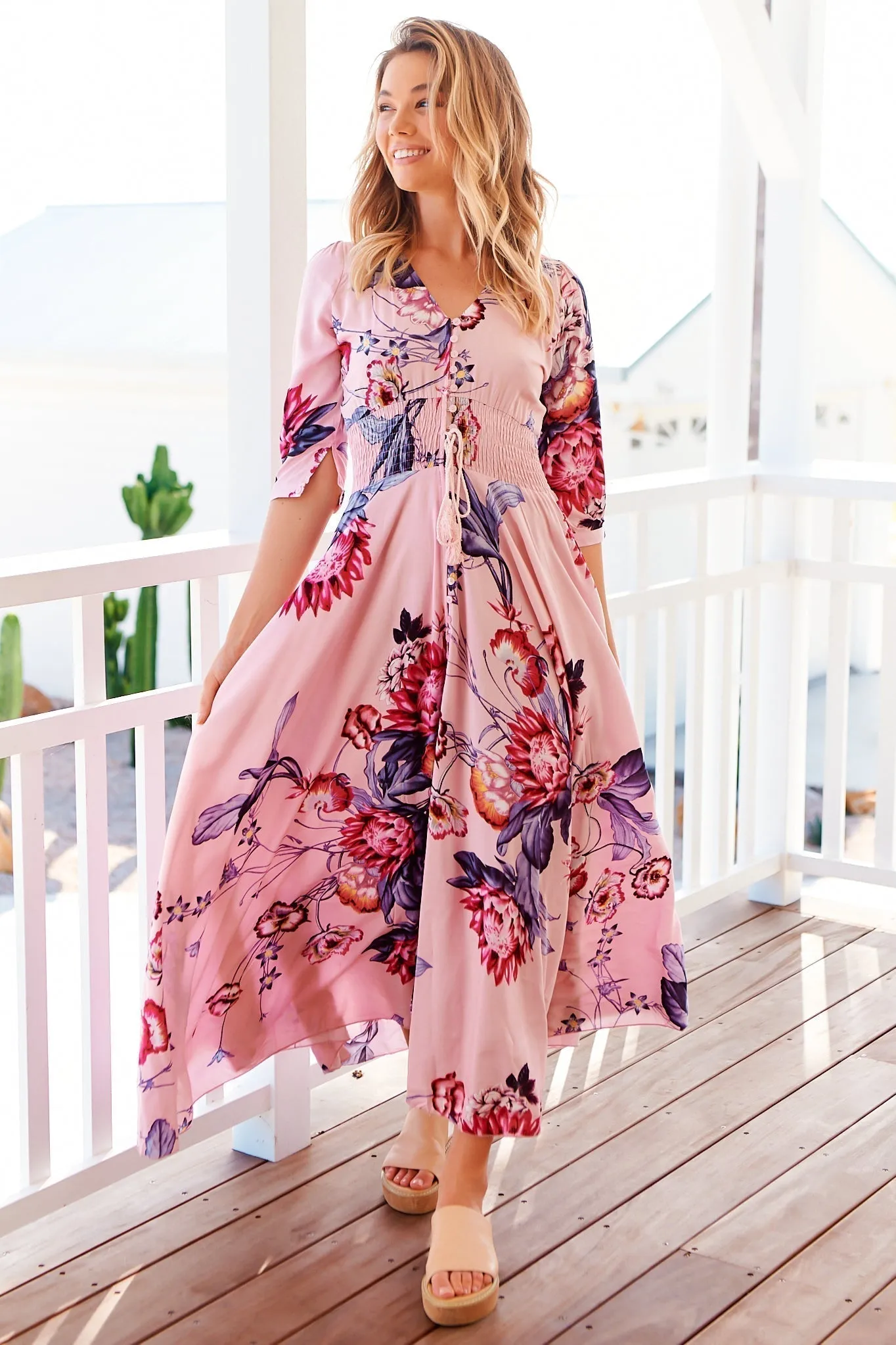 Indiana Maxi Dress - Lace Back Shirred Waist A Line Dress with Handkerchief Hemline in Dahlia Print sold by Salty Crush product image thumbnail 2