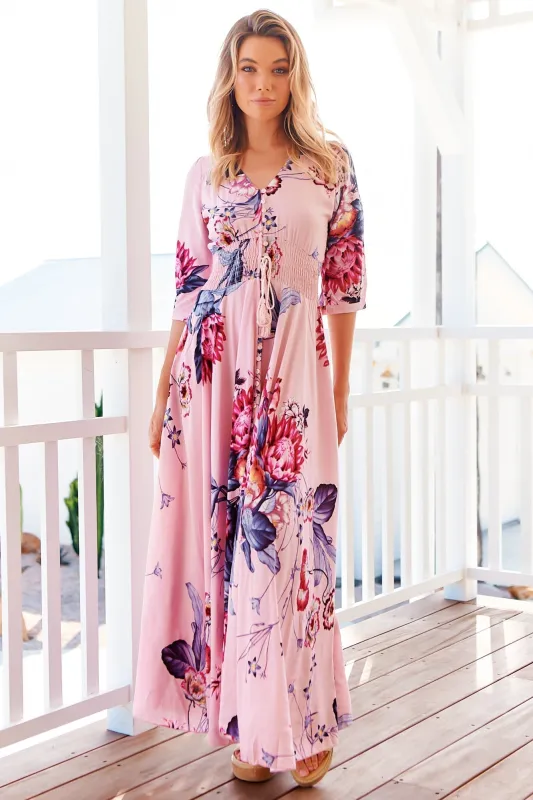 Indiana Maxi Dress - Lace Back Shirred Waist A Line Dress with Handkerchief Hemline in Dahlia Print sold by Salty Crush