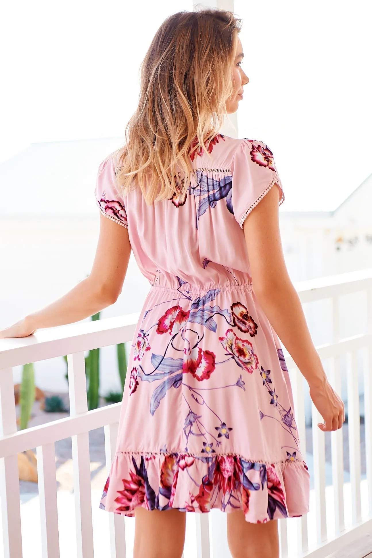 Lizzie Mini Dress - Butterfly Cap Sleeve Button Down Dress with Pockets in Dahlia Print sold by Salty Crush product image thumbnail 5