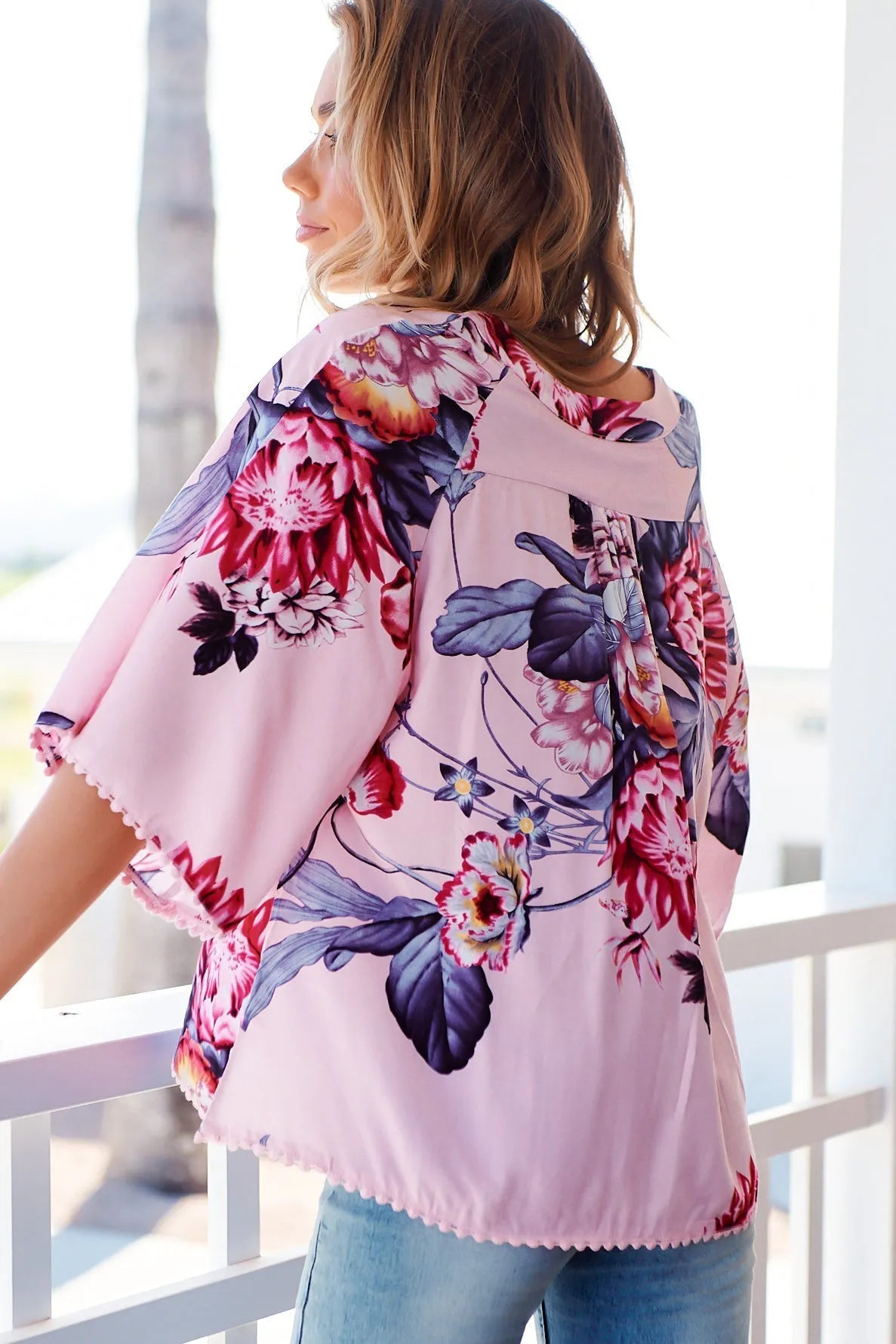 Gabriella Top - Mandarin Collar Deep V Neck Crochet Trim Top in Dahlia Print sold by Salty Crush product image thumbnail 5