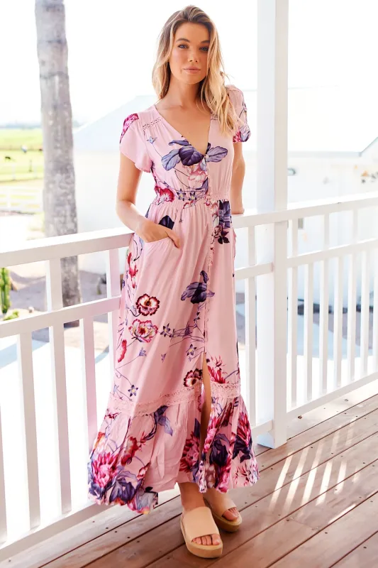 Carmen Maxi Dress - Butterfly Cap Sleeve Button Down A Line Dress with Lace Trim in Dahlia Print sold by Salty Crush