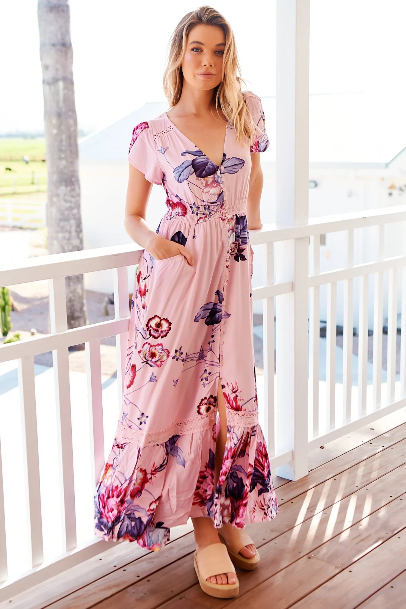 Carmen Maxi Dress - Butterfly Cap Sleeve Button Down A Line Dress with Lace Trim in Dahlia Print sold by Salty Crush