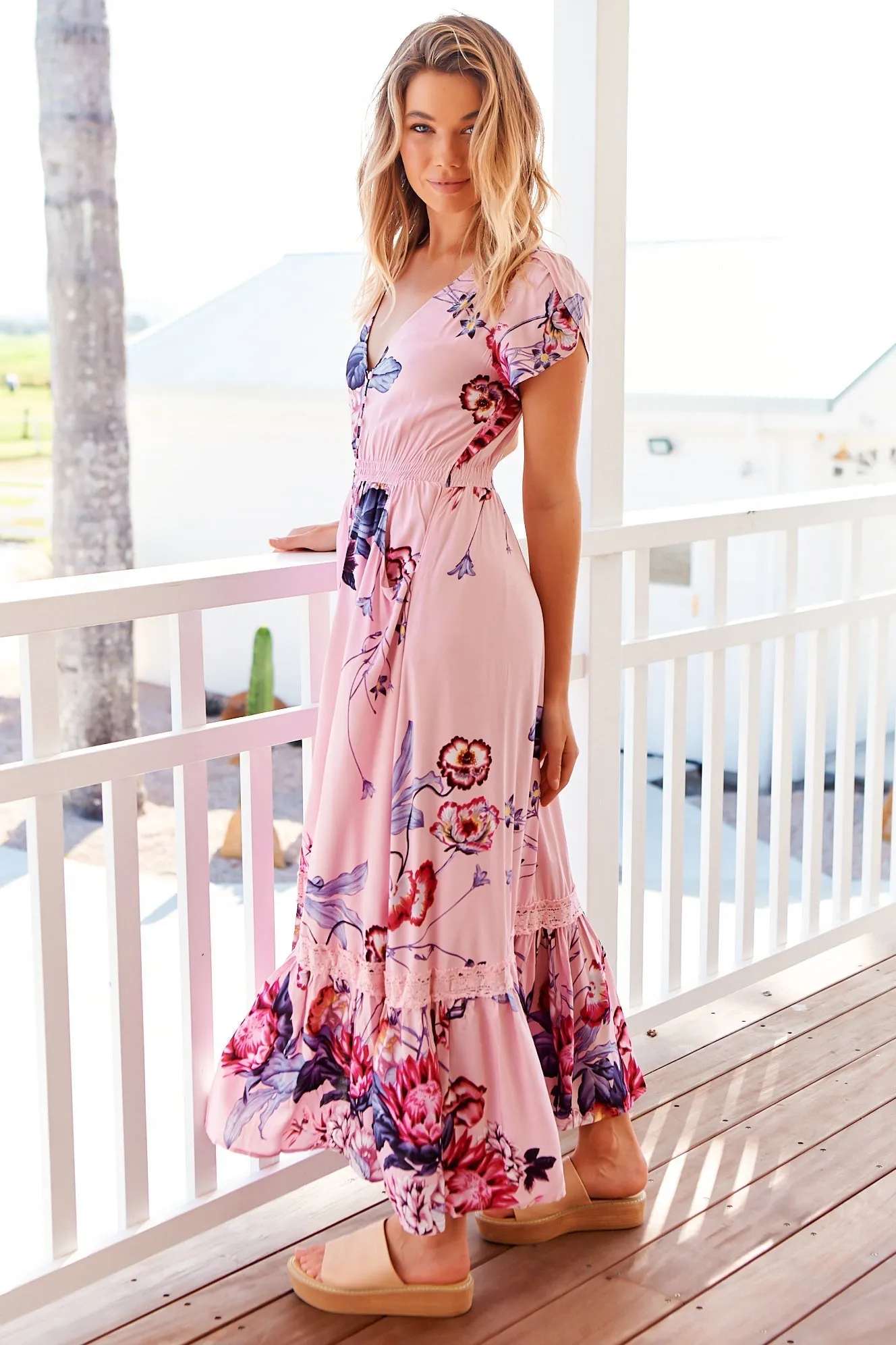 Carmen Maxi Dress - Butterfly Cap Sleeve Button Down A Line Dress with Lace Trim in Dahlia Print sold by Salty Crush product image thumbnail 5