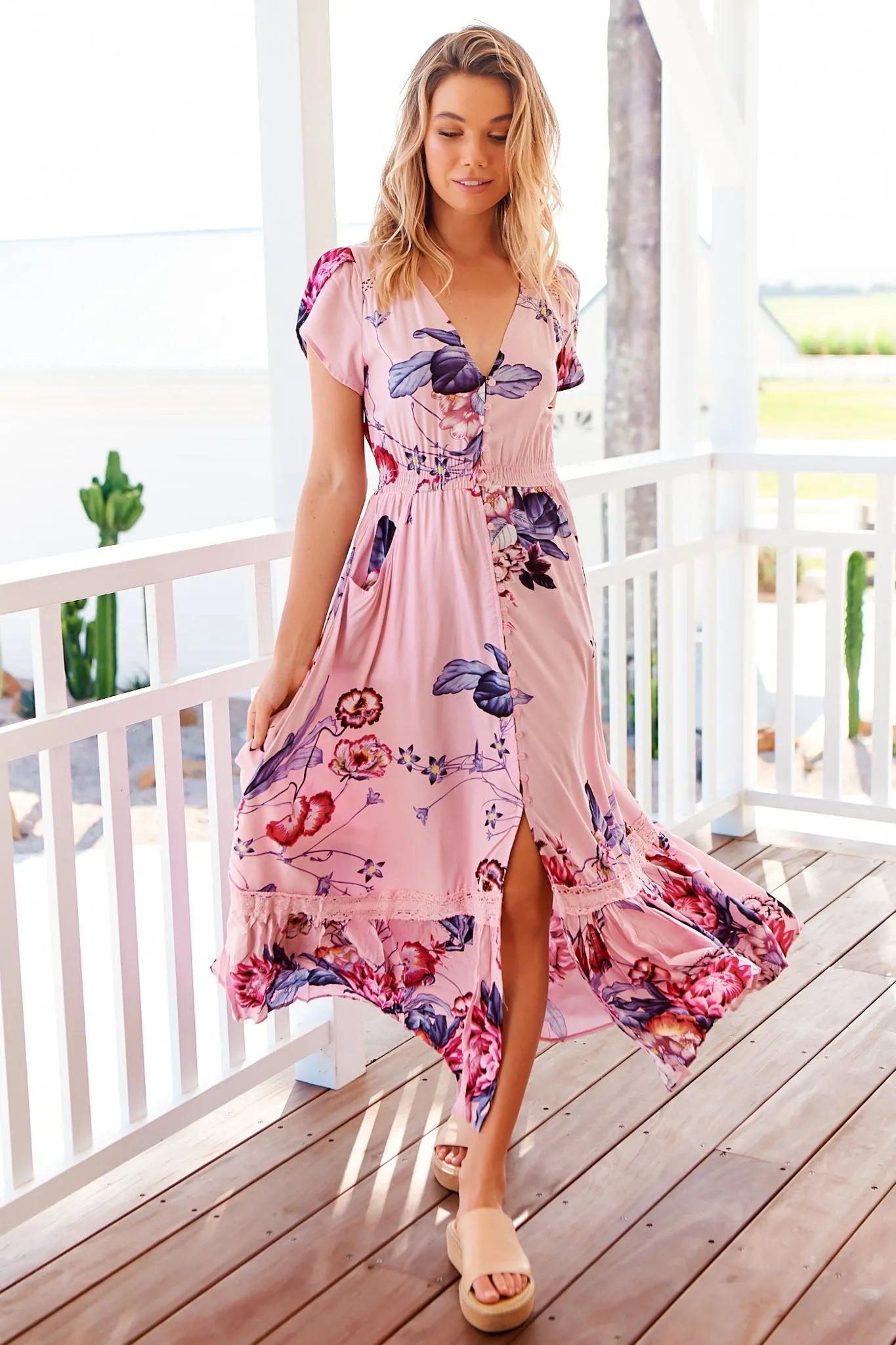 Carmen Maxi Dress - Butterfly Cap Sleeve Button Down A Line Dress with Lace Trim in Dahlia Print sold by Salty Crush product image thumbnail 2