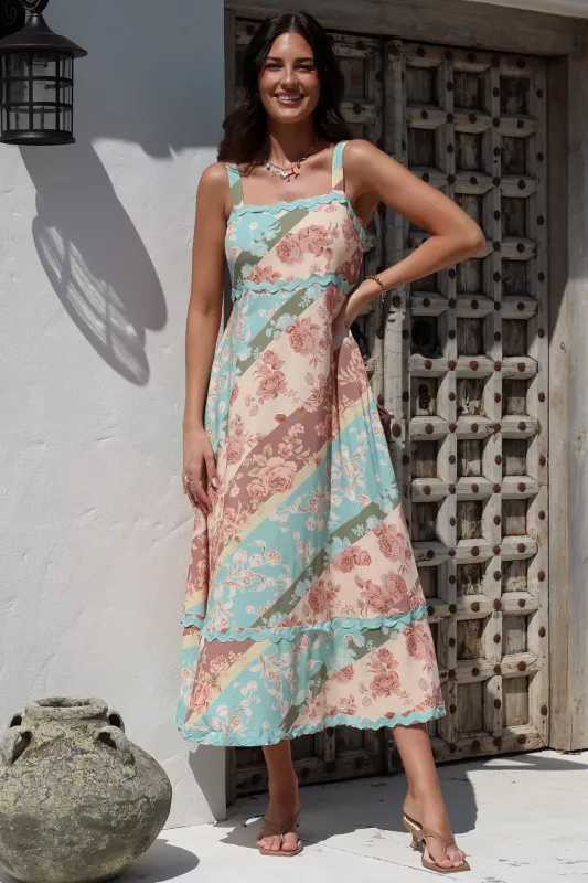 Bionda Midi Dress - Ric Rac Spliced Sun Dress with Adjustable Straps in Clavelle Print sold by Salty Crush