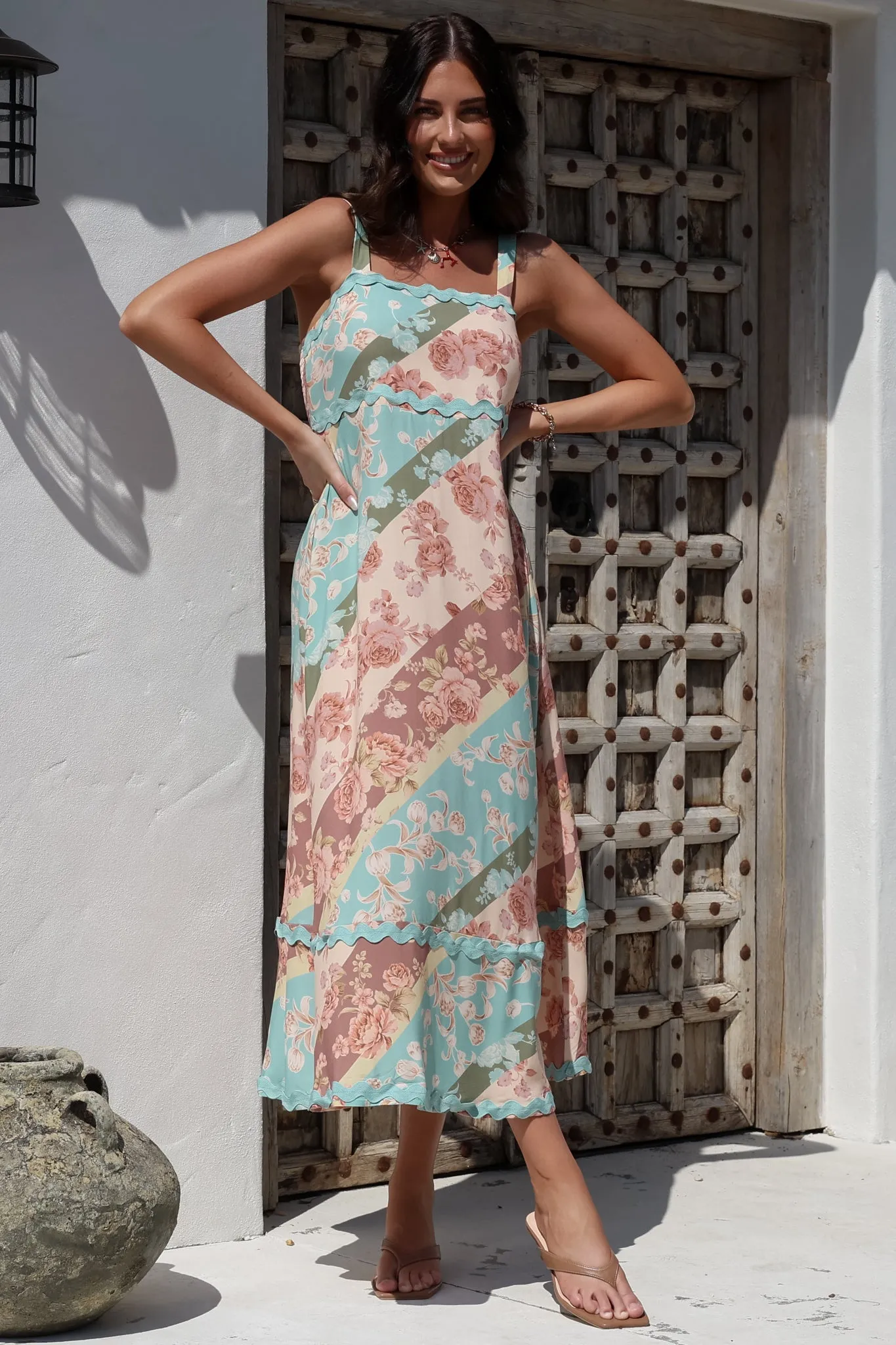 Bionda Midi Dress - Ric Rac Spliced Sun Dress with Adjustable Straps in Clavelle Print sold by Salty Crush product image thumbnail 5