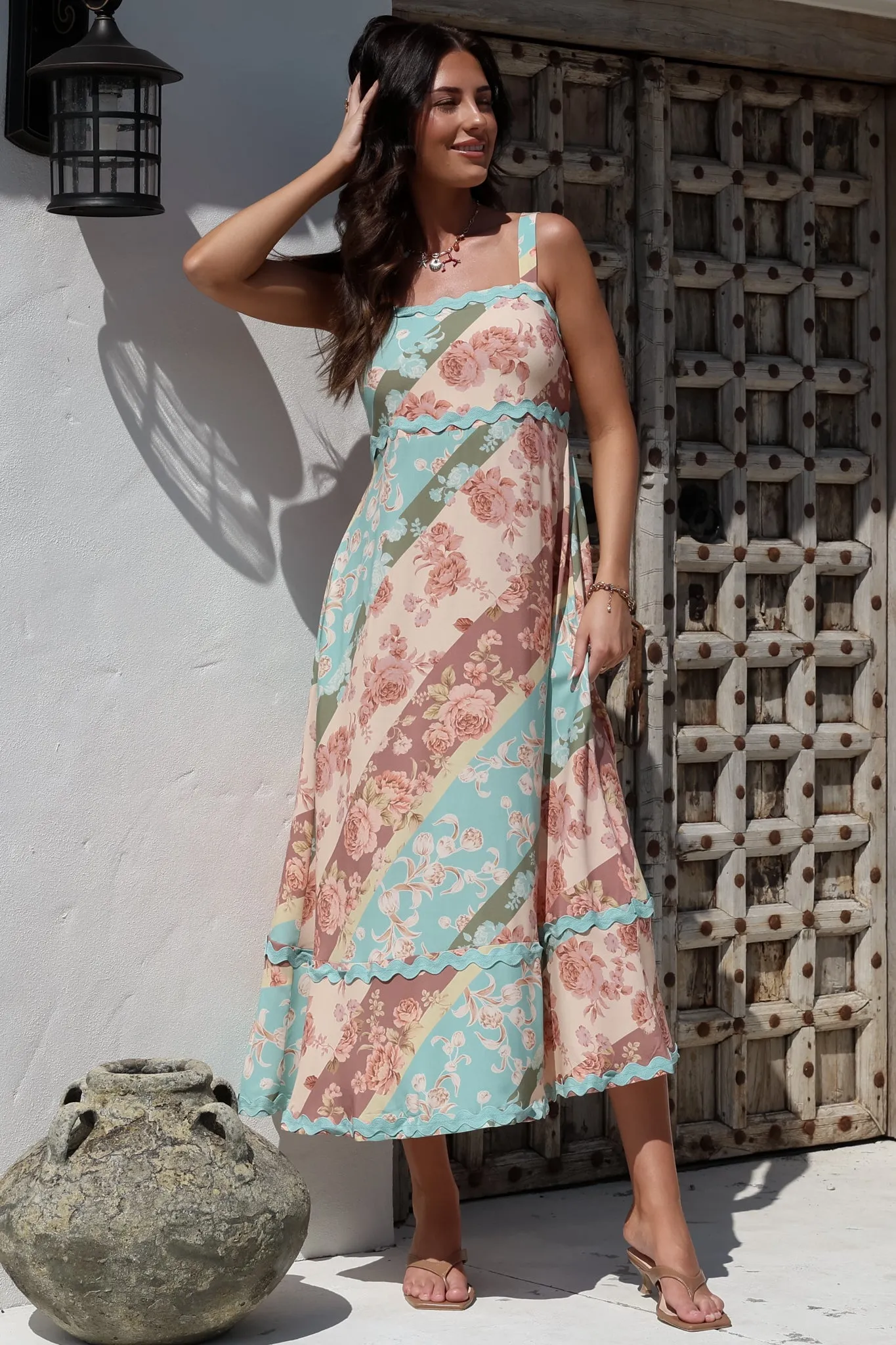 Bionda Midi Dress - Ric Rac Spliced Sun Dress with Adjustable Straps in Clavelle Print sold by Salty Crush product image thumbnail 3