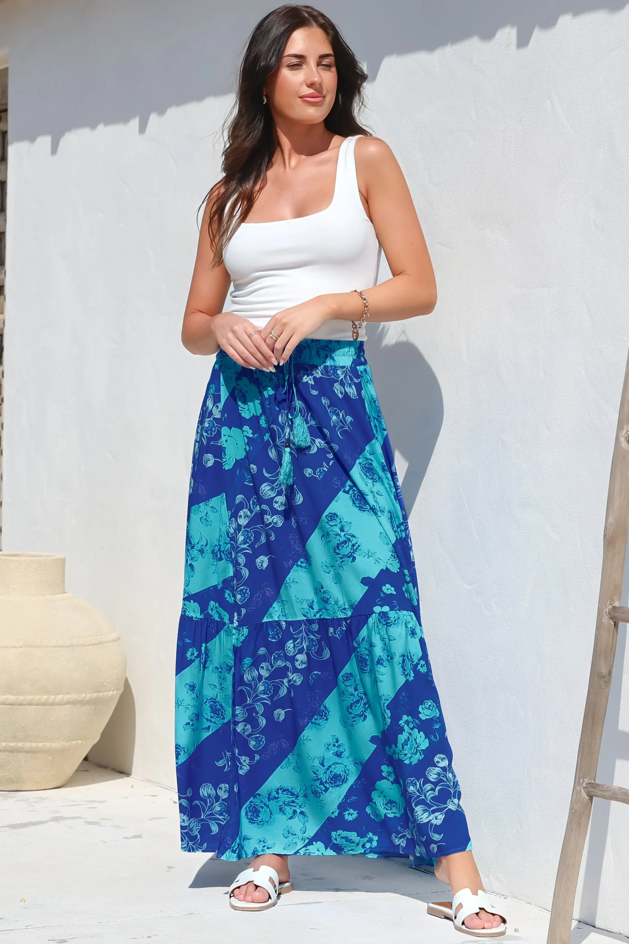 Hellen Maxi Skirt - High Waisted Skirt with Front Splits in Clavelle Print Blue sold by Salty Crush product image thumbnail 4