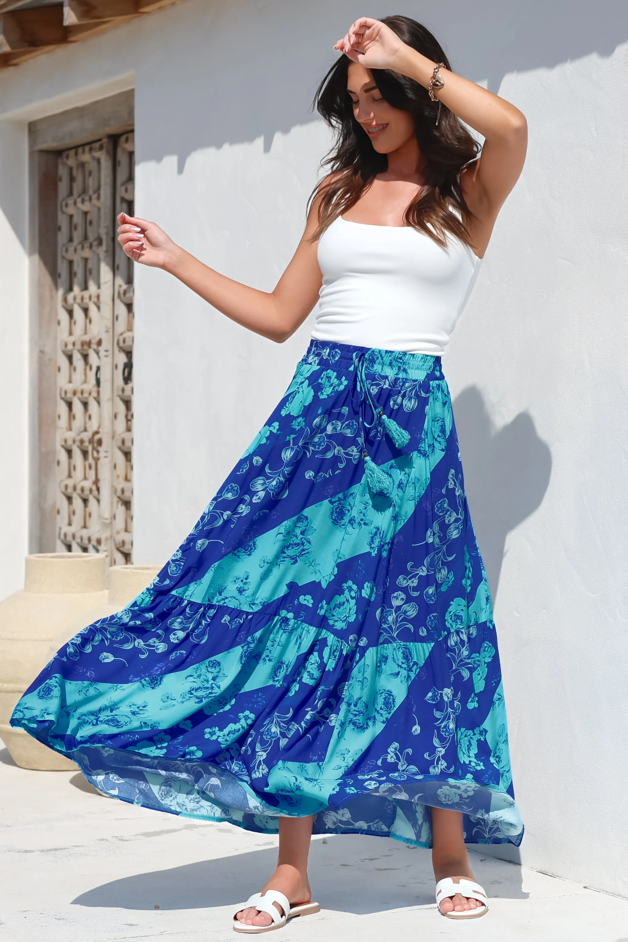 Hellen Maxi Skirt - High Waisted Skirt with Front Splits in Clavelle Print Blue sold by Salty Crush product image thumbnail 5