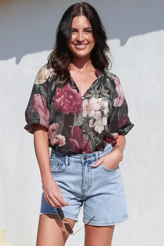 Cecilia Blouse - Mandarin Collar Button-Down with Half Balloon Sleeves in Annalisa Print sold by Salty Crush